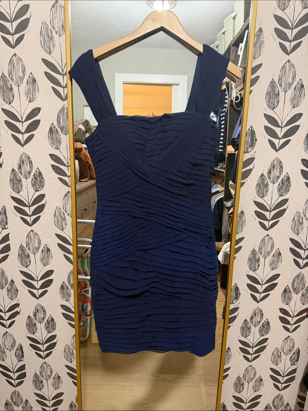 Xscape Navy Pleated Bandage Mini Dress